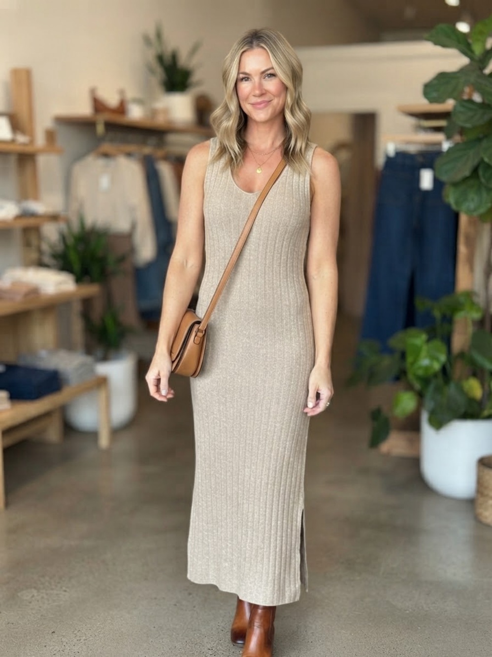 Universal Thread Tan Ribbed Knit Midi Dress Sleeveless Slit Small
